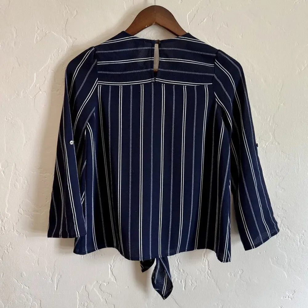 Monteau Los Angeles Size Large Juniors Blouse - Navy Striped Pockets Tie Front